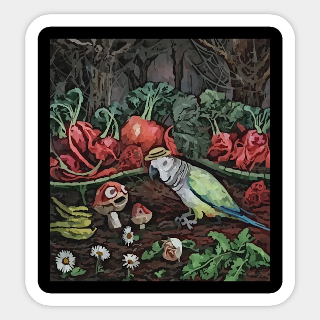 watercolor parrot tending garden with mushroom Sticker by Catbrat